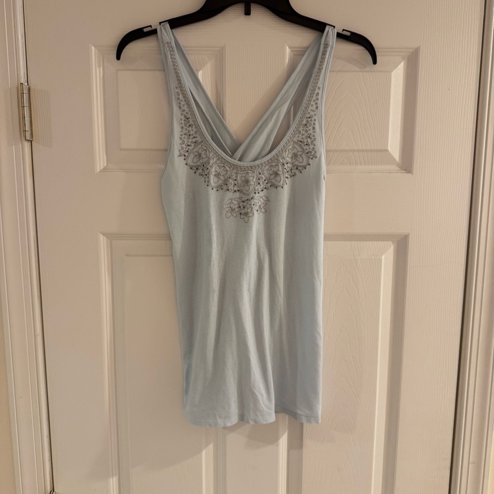 American Eagle Outfitters Light Blue Tank Top with Knit Floral and Beaded Detail